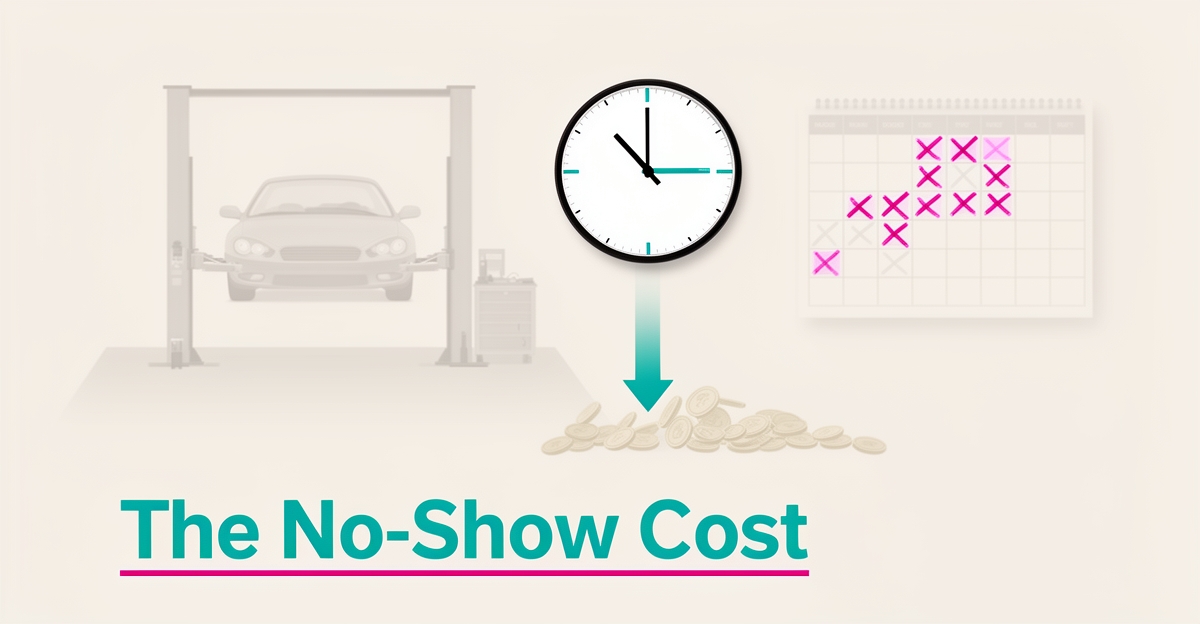 Flat illustration of an empty oil change lift with a clock, crossed-out calendar slots, and fading revenue, representing the cost of missed service appointments.