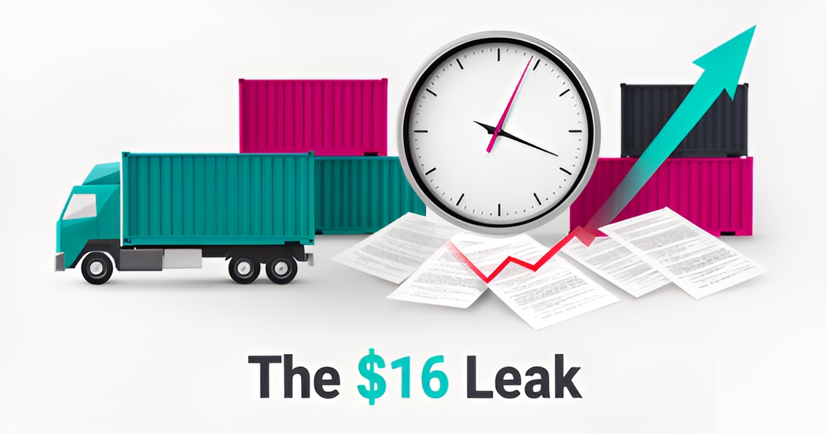 Flat illustration of a freight truck, clock, and paperwork transforming from a downward cost trend into an upward AI-driven efficiency arrow.