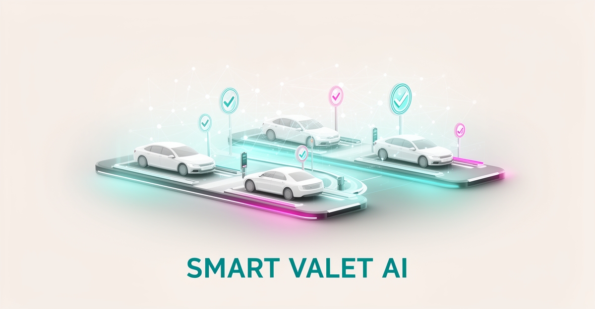 Minimalist flat illustration of connected cars in an automated valet parking system with teal and magenta network accents and headline reading Smart Valet AI.