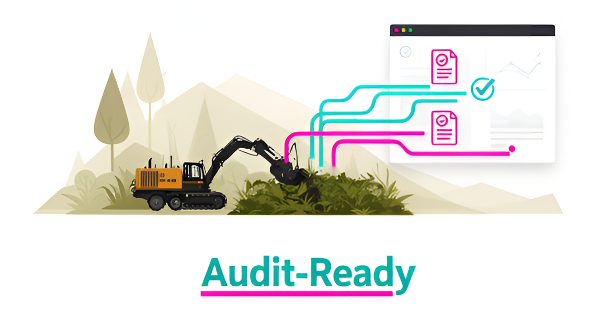 Flat illustration of a mulching machine generating AI-verified compliance data streams flowing into an audit-ready dashboard, accented in teal and magenta.