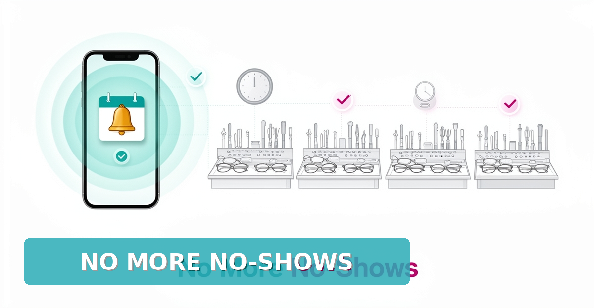 Flat illustration of a smartphone sending AI reminder notifications to eyeglass frame repair workstations, symbolizing fewer missed appointments.