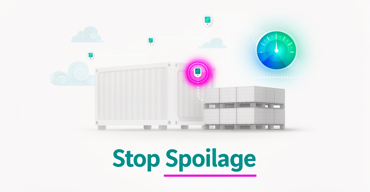 Flat illustration of refrigerated cargo with AI sensors and alert pulses, titled Stop Spoilage, in teal and magenta brand colors.