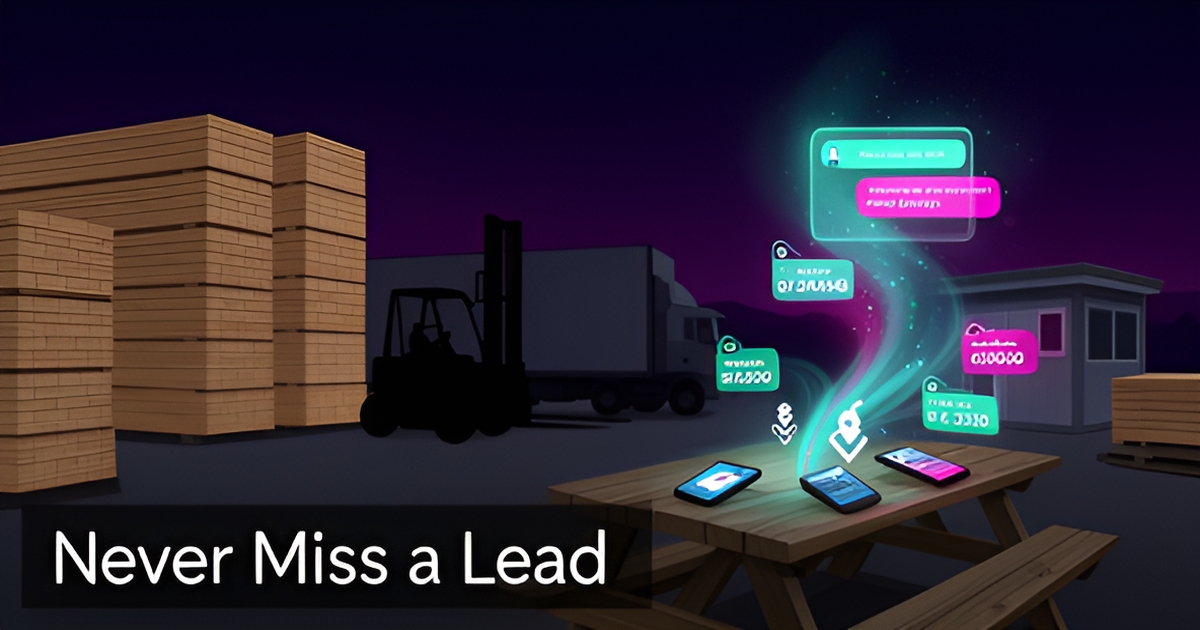 Lumber yard at night with glowing AI interface connecting to contractor devices, showing 24/7 support for pricing and delivery.