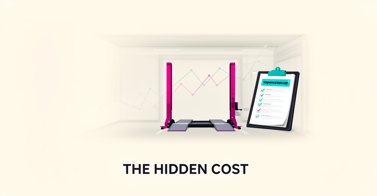 Flat illustration of an empty vehicle inspection bay with a checklist and declining revenue graph in teal and magenta, headline reading The Hidden Cost.