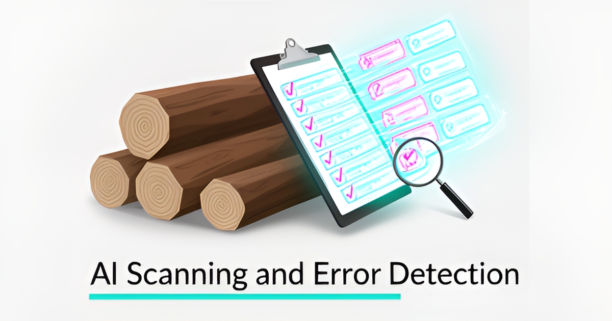 Flat illustration of paper logging tickets transforming into AI-verified digital records with teal and magenta accents.