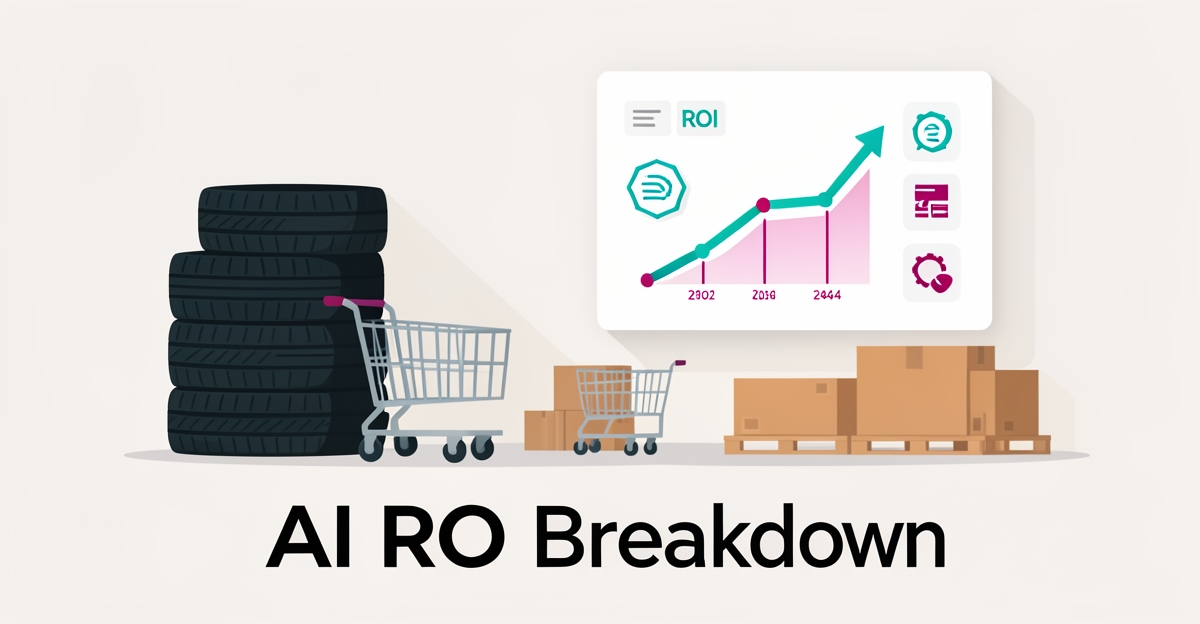 Flat illustration showing tire distributor warehouse with AI dashboard and rising ROI graph using teal and magenta accents.