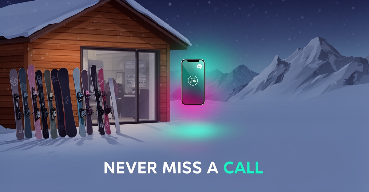 Flat illustration of a ski rental shop with a glowing smartphone chat interface symbolizing an AI receptionist handling winter inquiries 24/7.