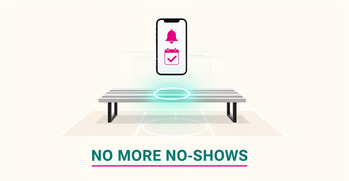 Flat illustration of an empty sports bench with a smartphone sending AI reminders, symbolizing reduced no-shows in youth sports tryouts.