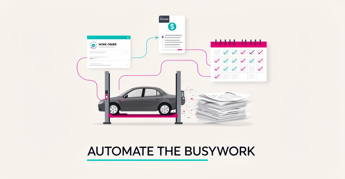 Flat illustration of a repair shop car on a lift with automated work order, invoice, and scheduling icons flowing around it in teal and magenta accents.