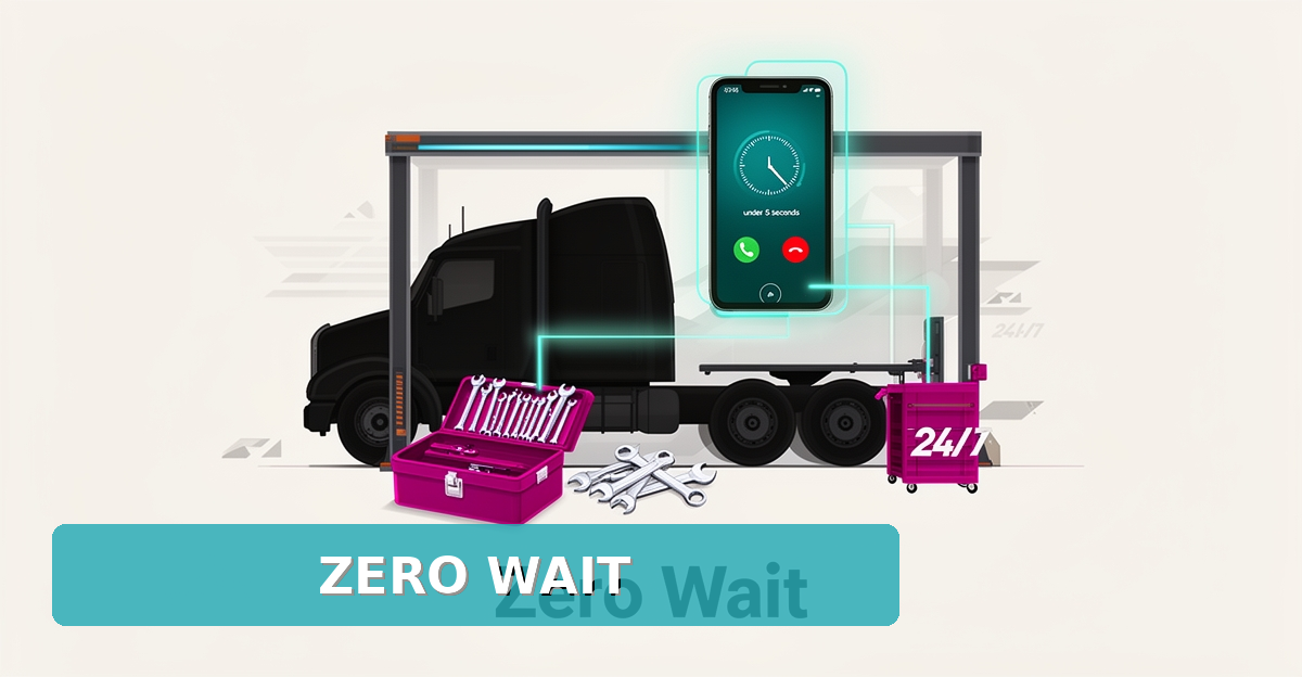 Flat illustration of a diesel truck in a repair bay linked to a phone answering calls instantly, with 'Zero Wait' headline.