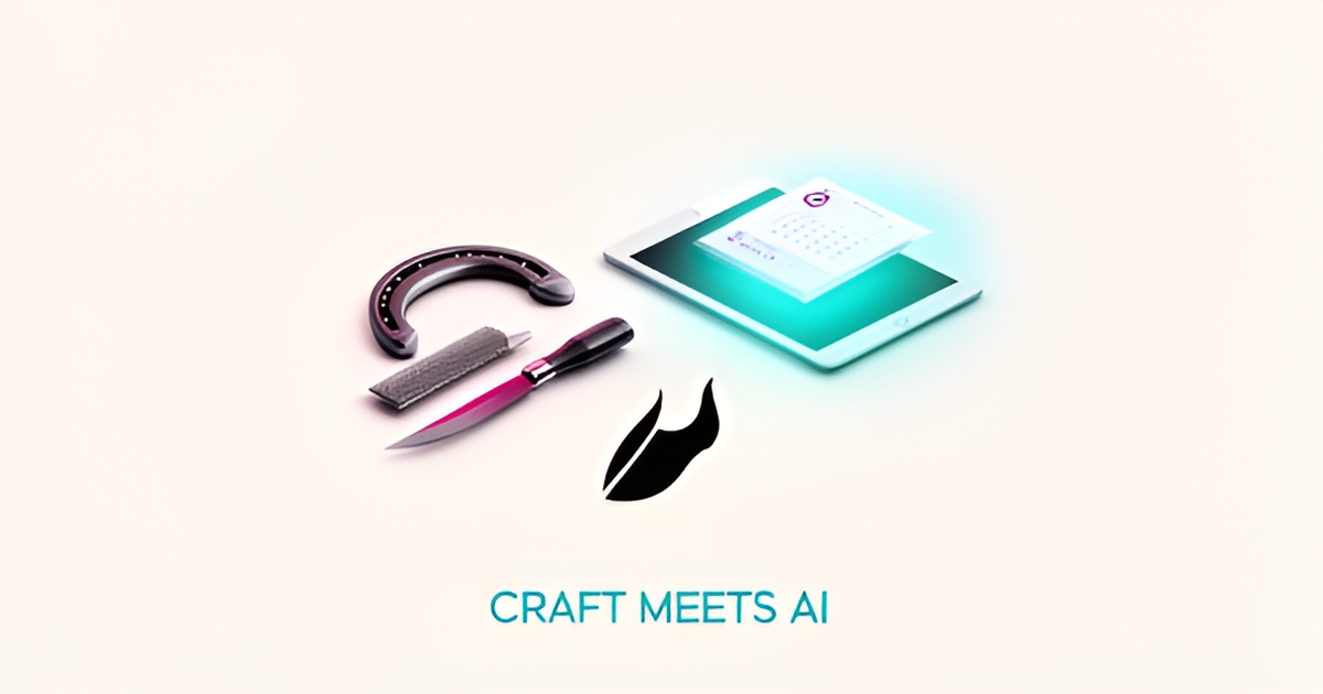 Flat illustration of farrier tools beside a tablet with calendar and checklist icons in teal and magenta, headline reading Craft Meets AI.
