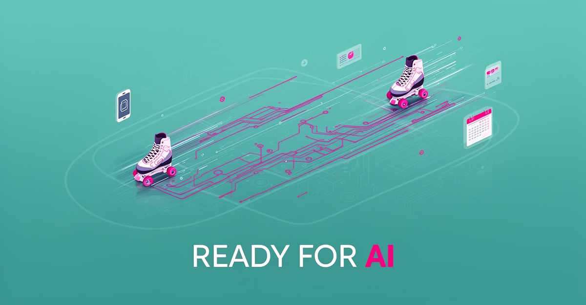 Minimalist flat illustration of a roller skating rink floor with abstract AI data-flow patterns in teal and magenta, with the headline Ready for AI.
