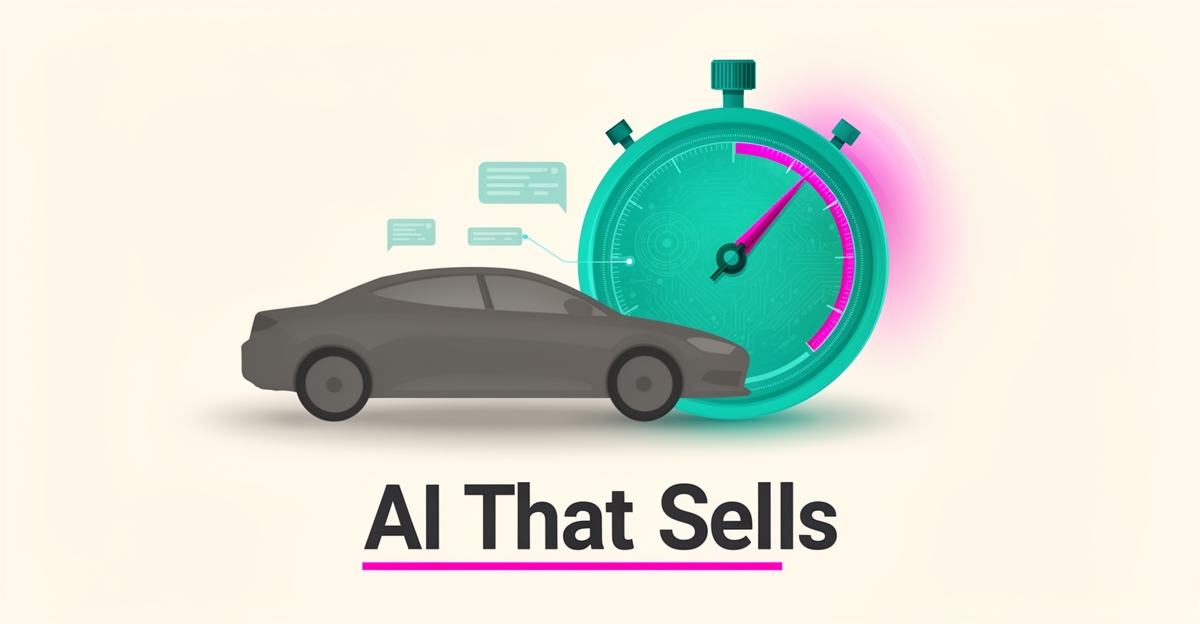 Flat illustration of a used car beside a teal stopwatch with magenta accents, symbolizing AI-powered instant lead response for sales teams.