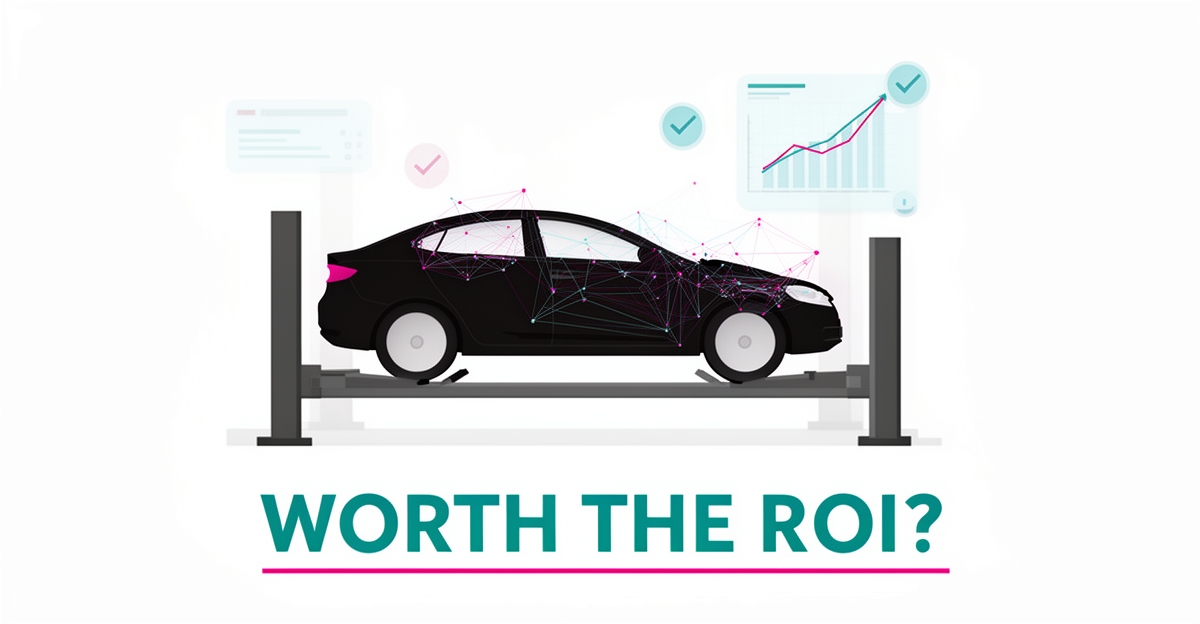 Flat illustration of a car on a lift scanned by AI data nodes and efficiency charts, with headline 'Worth the ROI?' for AI in collision repair.