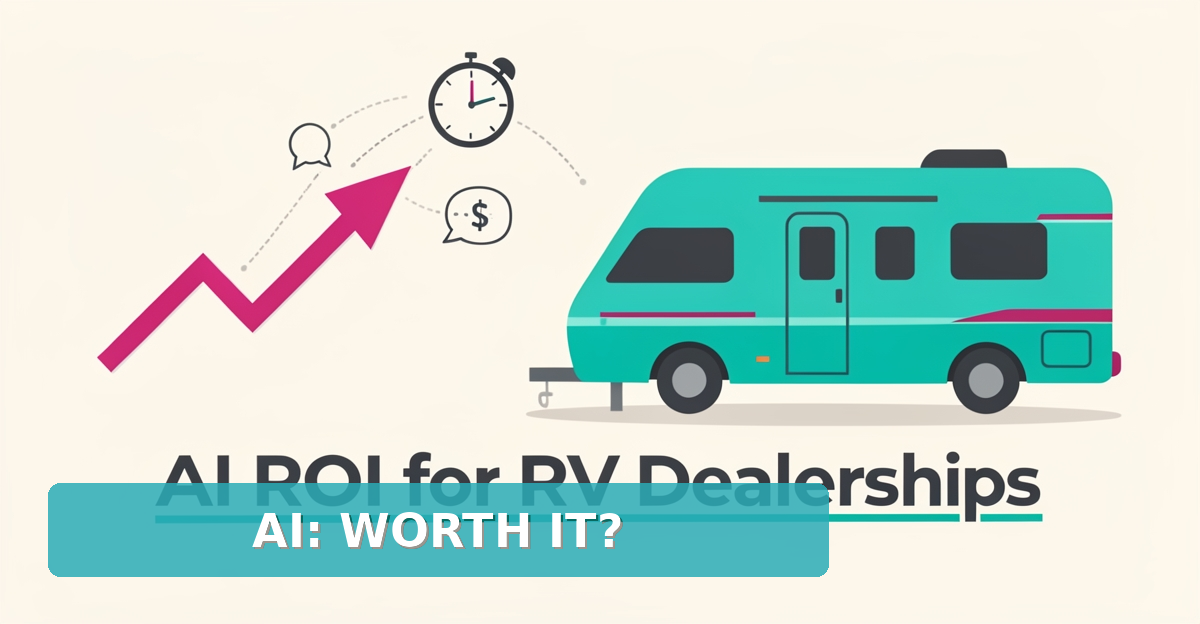 Flat illustration of an RV beside a rising growth chart with AI automation icons, symbolizing measurable ROI for RV dealerships.