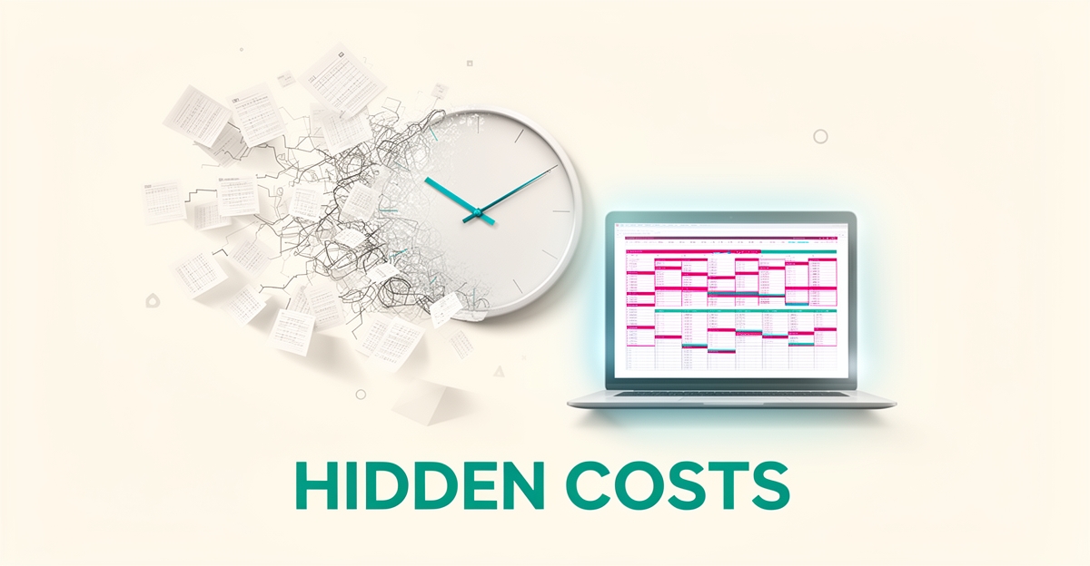 Flat illustration of a clock dissolving into tangled schedules beside a laptop showing a clean AI-generated tournament bracket, with headline Hidden Costs.