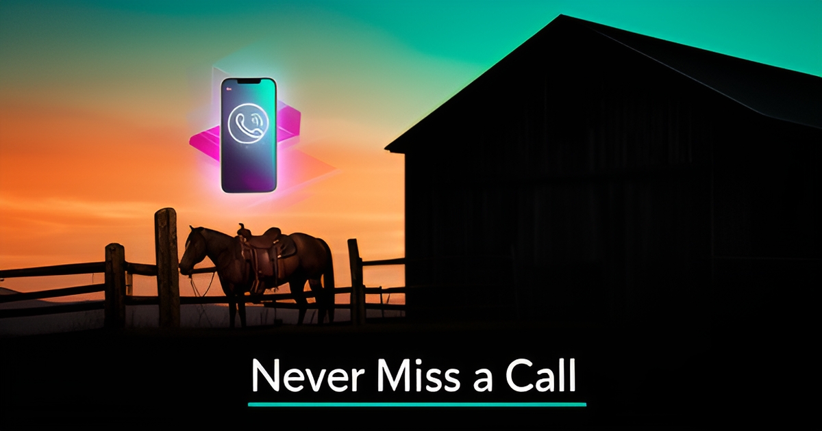 Flat illustration of a stable and horse at dusk beside a glowing smartphone, symbolizing 24/7 AI call answering for riding stables.