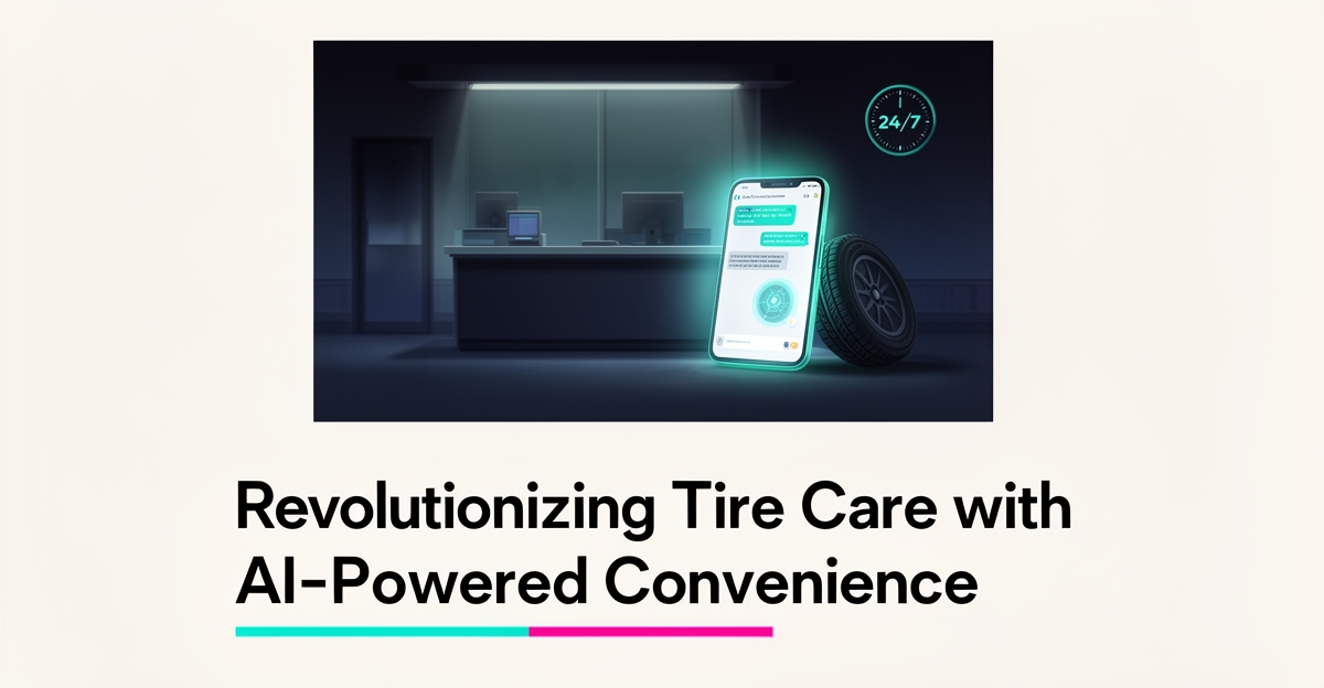 Flat illustration of a tire shop counter at night with a smartphone AI assistant handling calls around the clock, accented in teal and magenta.