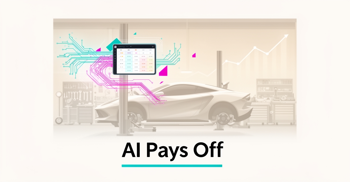 Flat illustration of an AI-powered auto repair garage with a car on a lift, digital circuit accents, and the headline AI Pays Off.