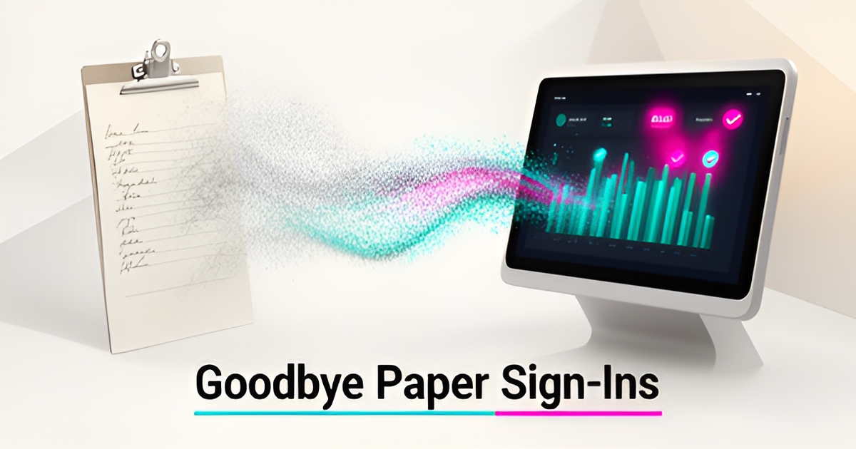 Flat illustration of a paper sign-in sheet transforming into a digital AI attendance dashboard with teal and magenta accents.