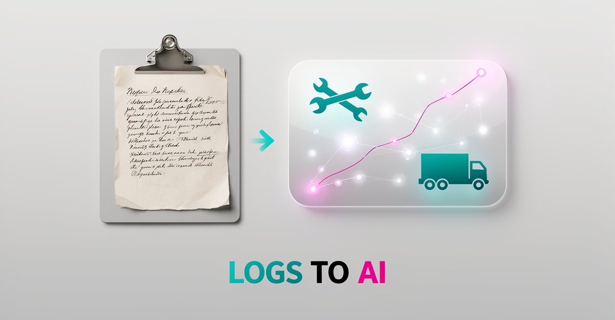 Flat illustration of paper repair logs transforming into an AI-powered digital fleet maintenance dashboard with teal and magenta accents.