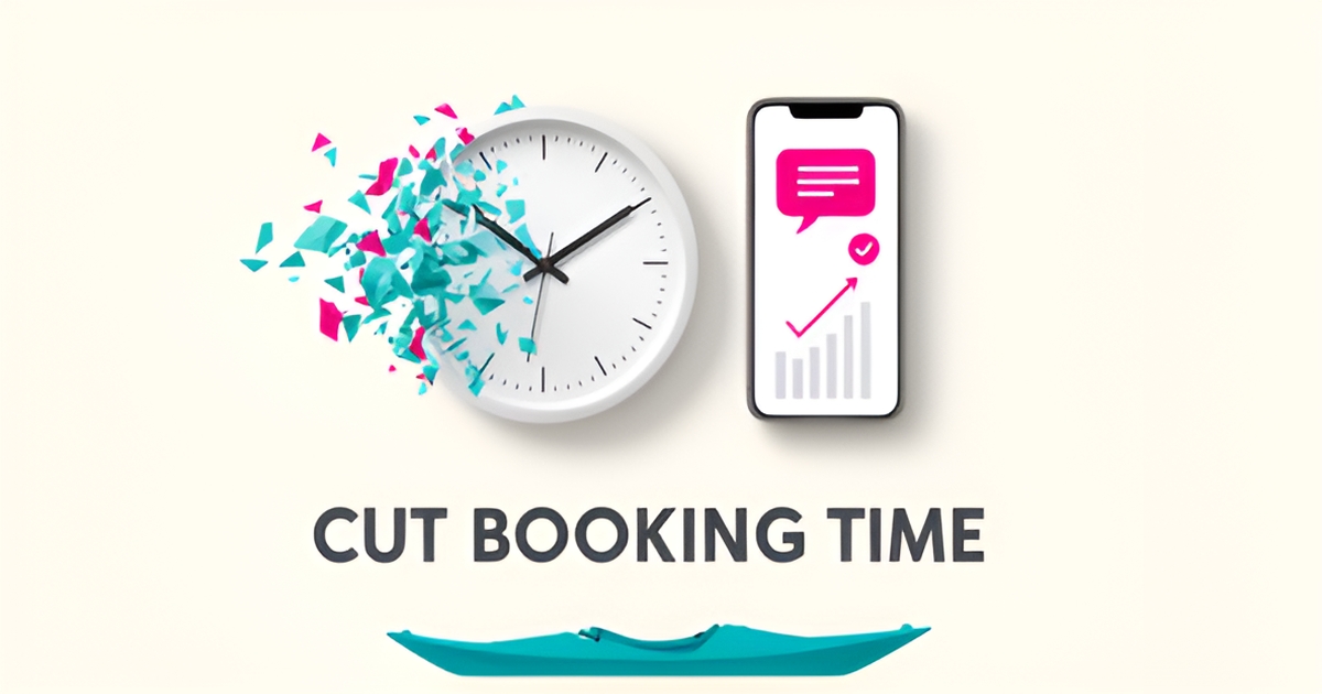 Flat illustration of a clock dissolving beside a chat-enabled smartphone with a kayak, symbolizing AI cutting manual booking time.