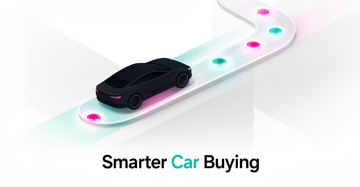 Flat illustration of a car traveling an AI-guided pathway with glowing touchpoints, symbolizing a smarter car buying journey.