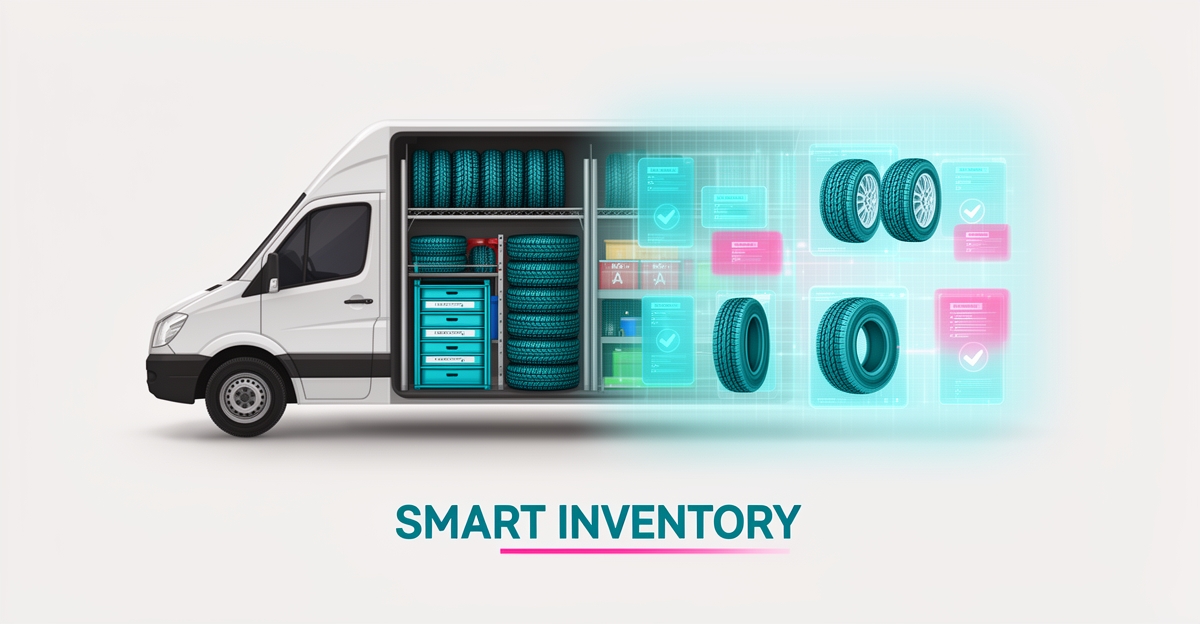 Flat illustration of a mobile tire service van with neatly organized tires and parts transitioning into a digital AI inventory grid, branded in teal and magenta.