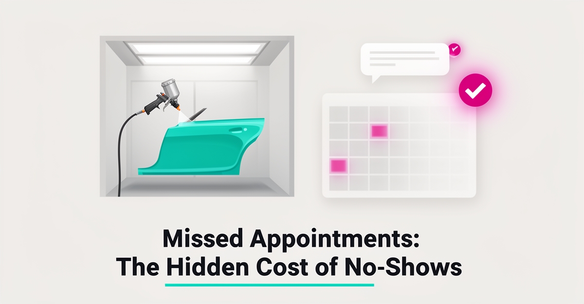 Flat illustration of a paint booth spray gun, an empty appointment calendar, and AI reminder icons in teal and magenta accents.