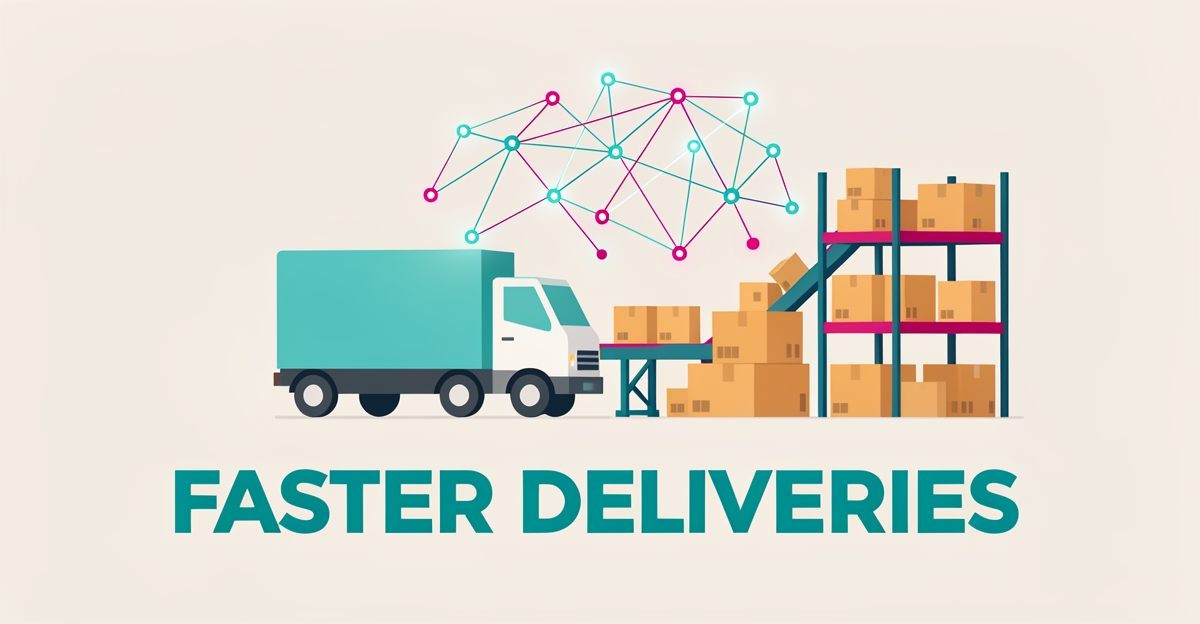 Flat illustration of AI-optimized packaging logistics with a truck, boxes, and glowing route network in teal and magenta, headline reading Faster Deliveries.