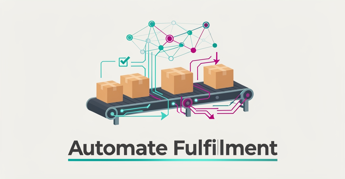 Flat illustration of an automated warehouse conveyor with AI data streams processing boxes, headlined 'Automate Fulfillment'.