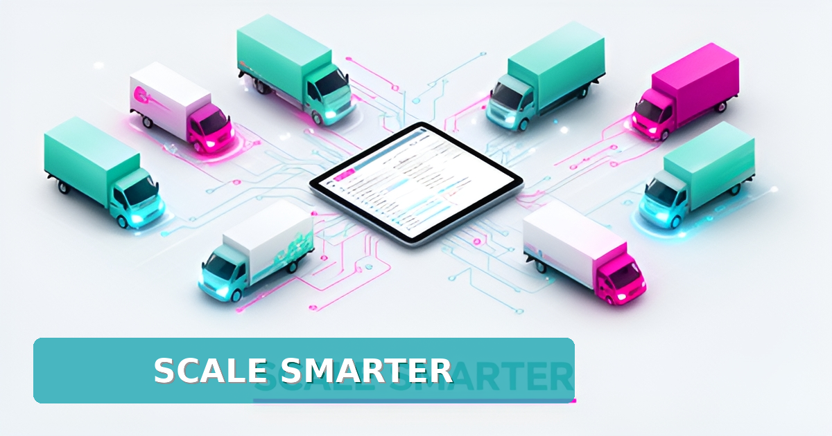 Flat illustration of a truck fleet connected by glowing AI network lines to a digital work order system, with the headline Scale Smarter.