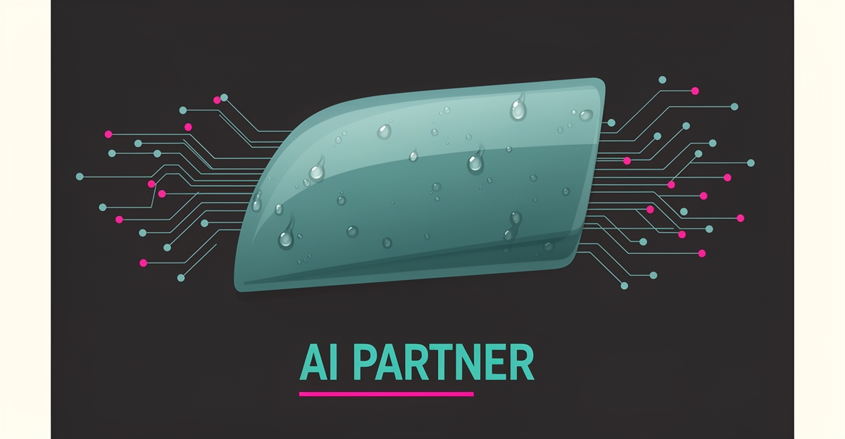 Flat illustration of a ceramic-coated car panel with beading water linked to AI circuit motifs in teal and magenta, with headline 'AI Partner'.