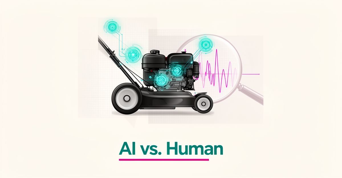 Flat illustration of a small engine with glowing AI sensor diagnostics in teal and magenta, titled AI vs. Human.