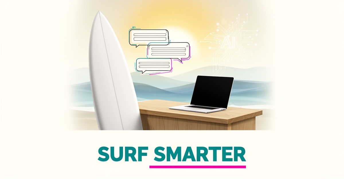 Flat illustration of a surfboard beside a surf shop counter with AI chat bubbles, symbolizing automated customer inquiry management for surf shops.