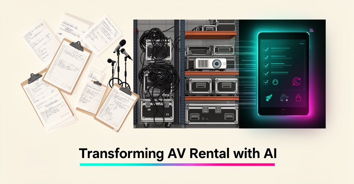 Flat illustration of AV rental gear transitioning from paper log sheets to a digital AI-powered tracking tablet, with Ditch Paper Logs headline.