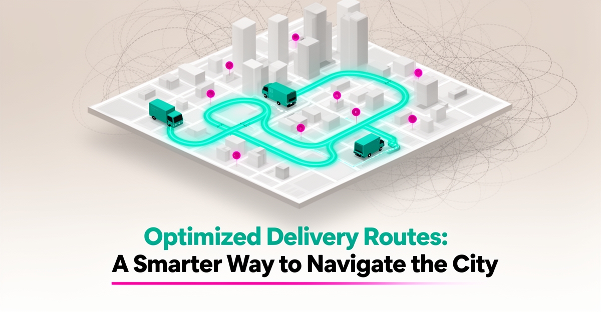 Flat illustration of AI-optimized delivery routes on a city map with teal and magenta accents, headline reading Smarter Routes.