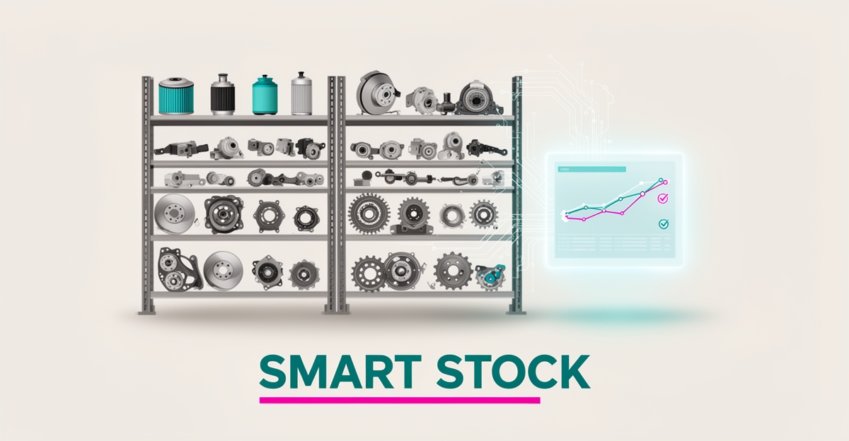 Flat illustration of a diesel repair shop parts warehouse with an AI inventory dashboard in teal and magenta, headline reading Smart Stock.