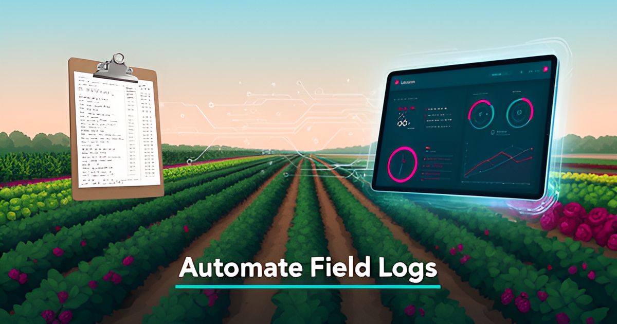 Flat illustration of a farm field transitioning from paper log clipboard to an AI-powered digital crop tracking dashboard in teal and magenta.