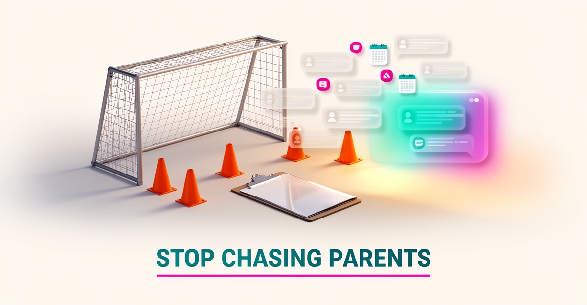 Flat illustration of scattered parent message icons being organized by a glowing AI chat panel over a youth sports field, with headline reading Stop Chasing Parents.