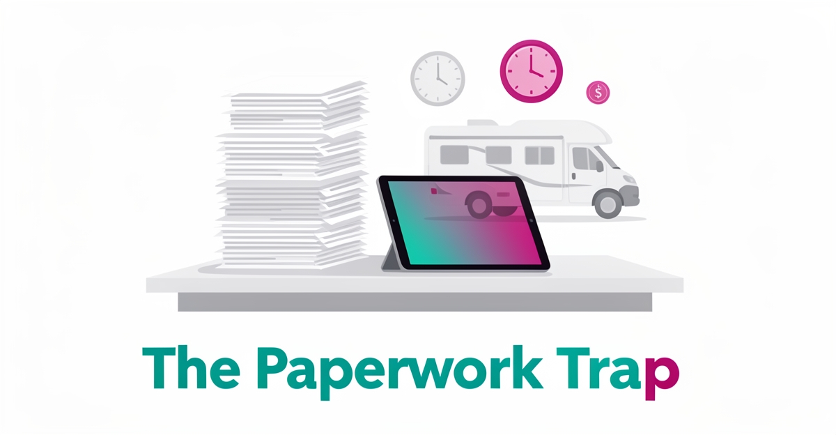 Flat illustration of a desk buried under paperwork beside a glowing tablet, symbolizing hidden documentation costs at RV dealerships.