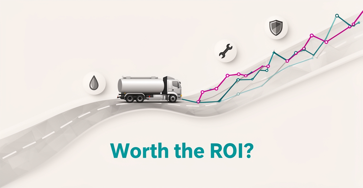 Flat illustration of a tanker truck beside a rising ROI graph with fuel, maintenance, and compliance icons in teal and magenta.