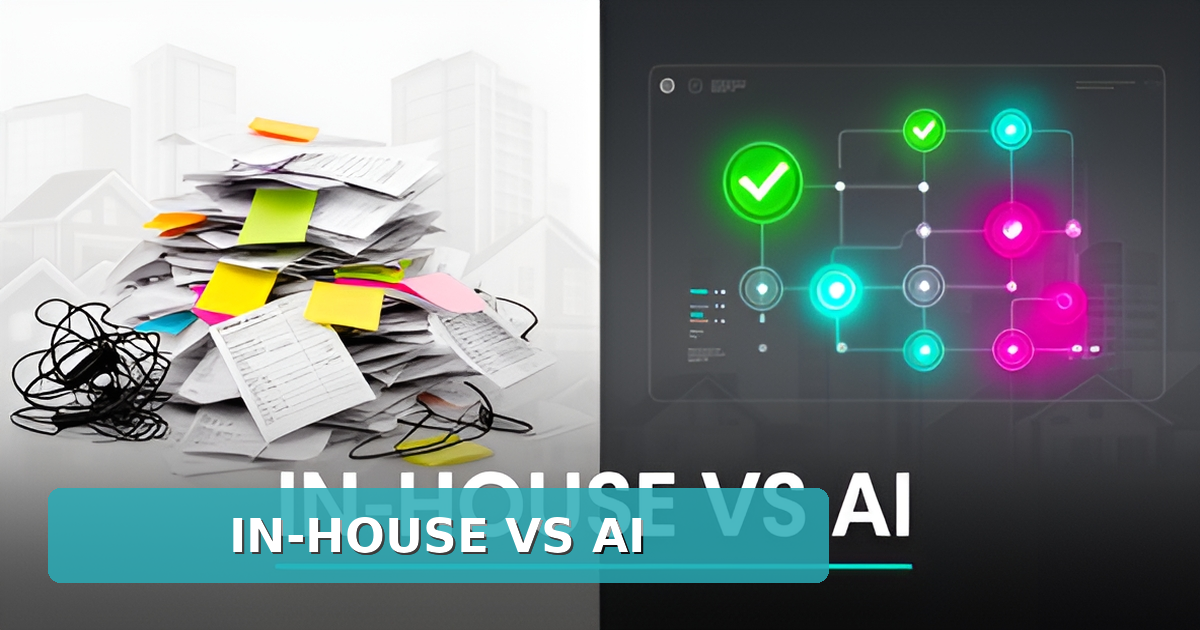 Flat illustration comparing cluttered manual property maintenance paperwork with a streamlined AI-powered digital workflow dashboard in teal and magenta.