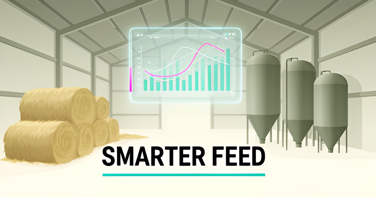 Flat illustration of a dairy barn with feed silos and a digital AI dashboard optimizing feed inventory, accented in teal and magenta.