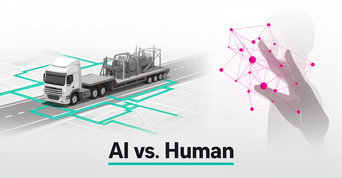 Flat illustration of a heavy haul truck with AI route optimization nodes and human oversight elements in teal and magenta, titled AI vs. Human.