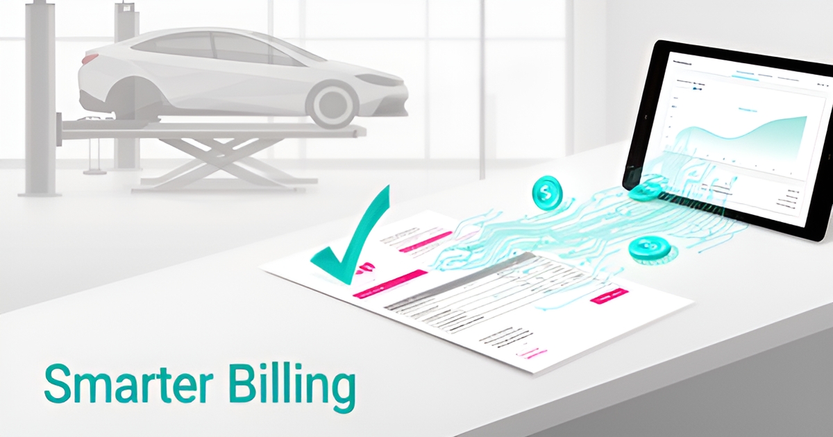 Flat illustration of an auto body shop invoice transforming into automated digital payments with teal and magenta accents.