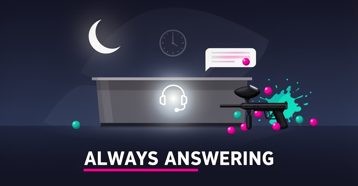 Flat illustration of a paintball facility desk with a glowing AI headset and clock, symbolizing 24/7 automated visitor inquiries.