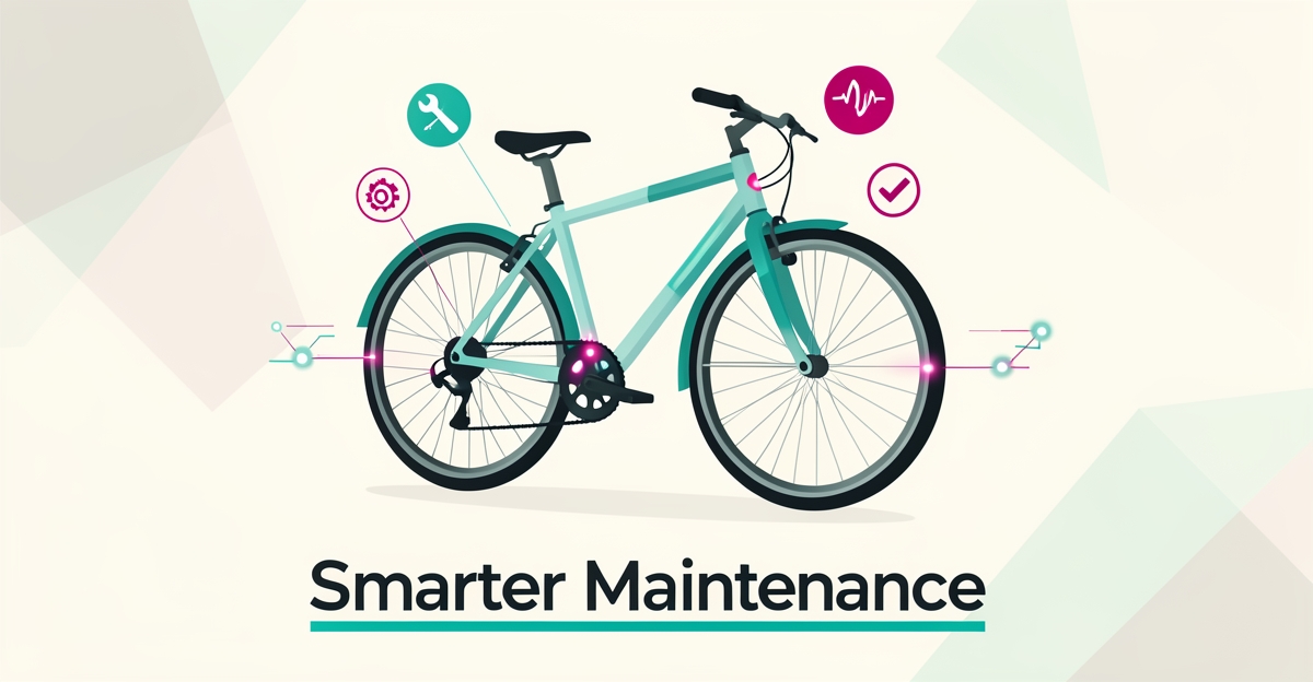 Flat illustration of a bicycle with glowing AI sensor diagnostics in teal and magenta, headline reading Smarter Maintenance.