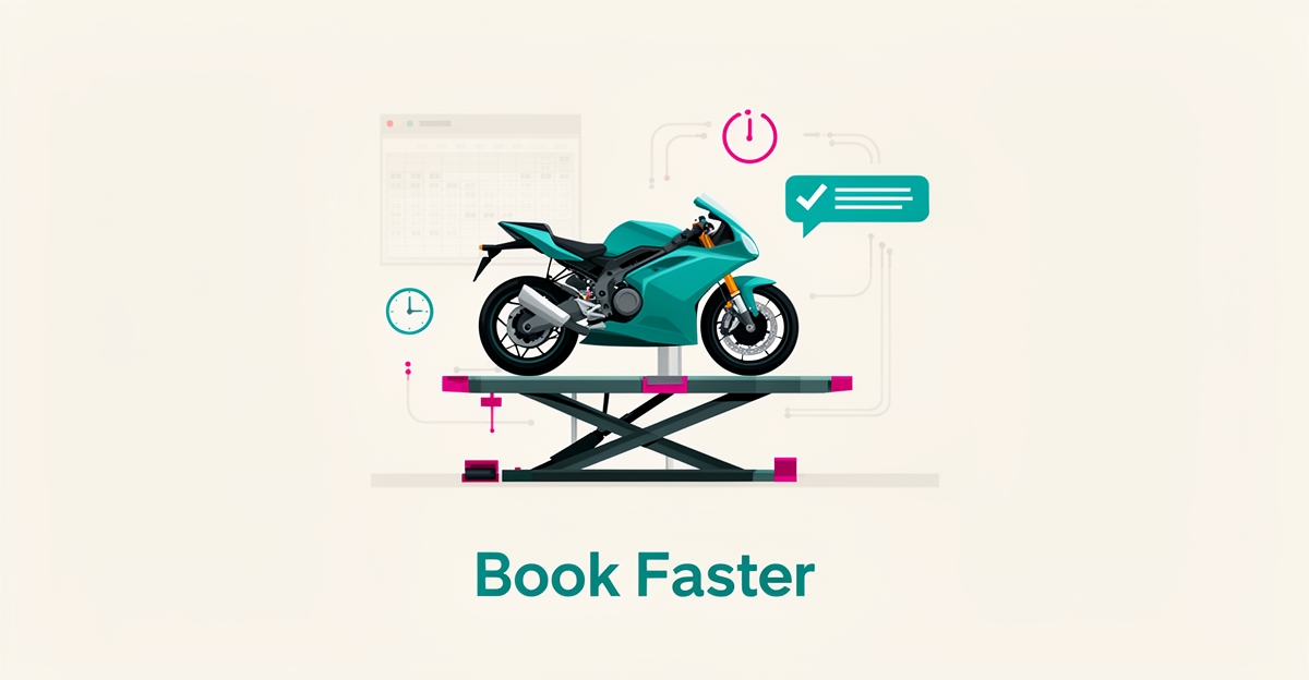 Flat illustration of a motorcycle on a service lift surrounded by AI scheduling icons, with the headline Book Faster in teal.