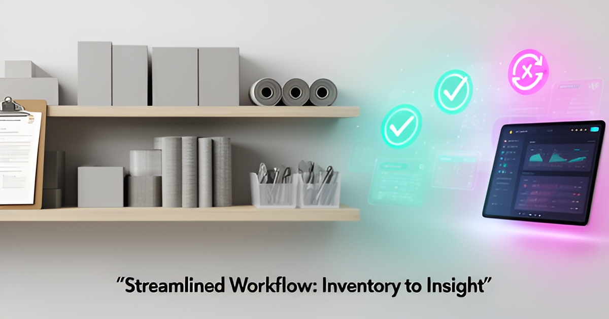 Flat illustration of studio inventory shelves transitioning from paper tracking to a digital AI dashboard in teal and magenta.